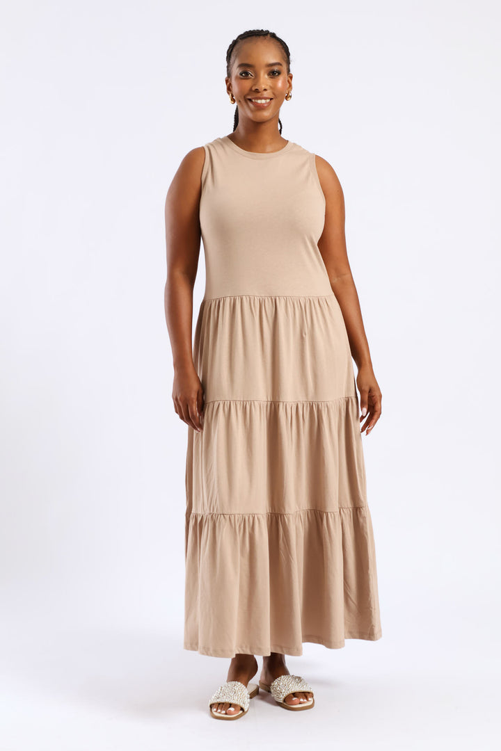 Rib Neck Tiered Cotton Midaxi Dress - Taupe