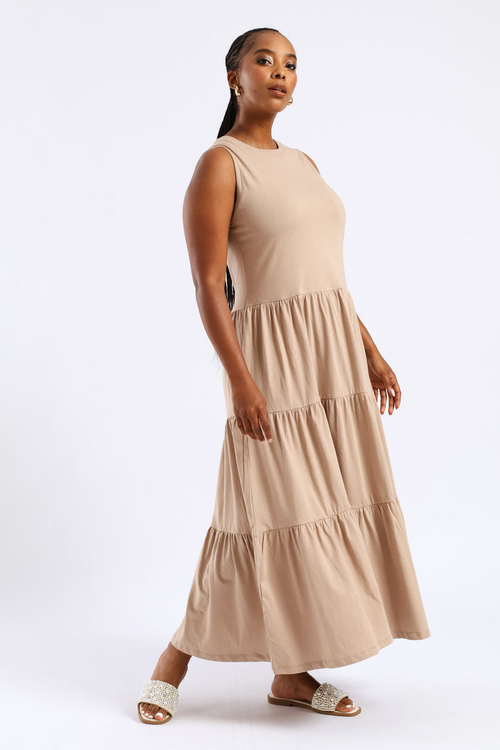 Rib Neck Tiered Cotton Midaxi Dress - Taupe