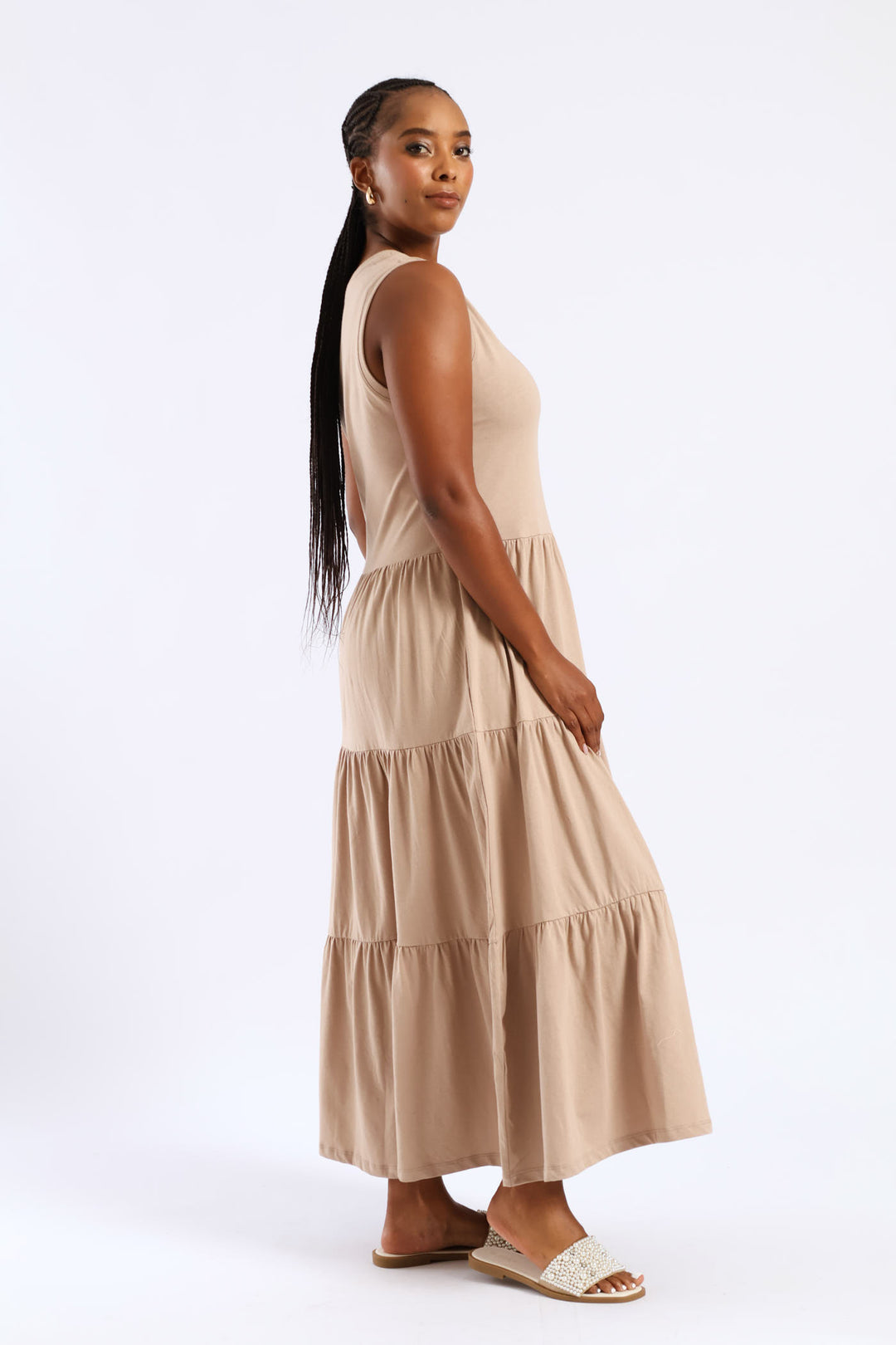 Rib Neck Tiered Cotton Midaxi Dress - Taupe