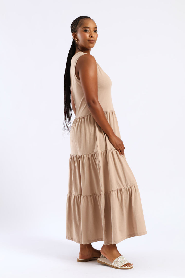 Rib Neck Tiered Cotton Midaxi Dress - Taupe