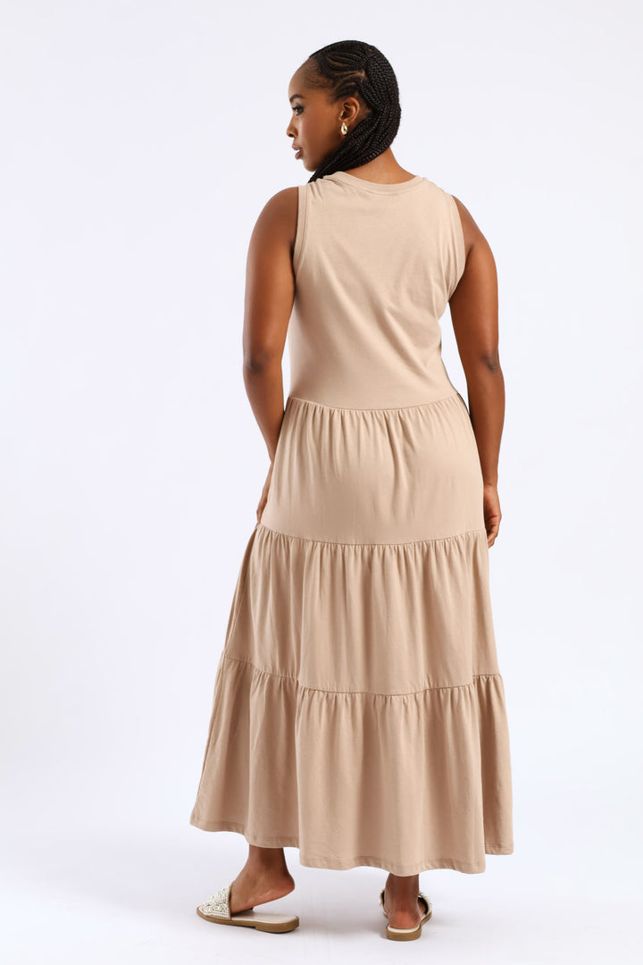 Rib Neck Tiered Cotton Midaxi Dress - Taupe