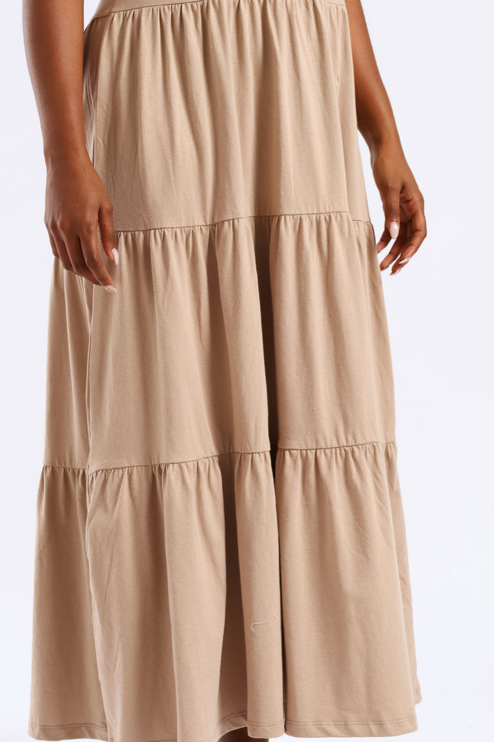 Rib Neck Tiered Cotton Midaxi Dress - Taupe
