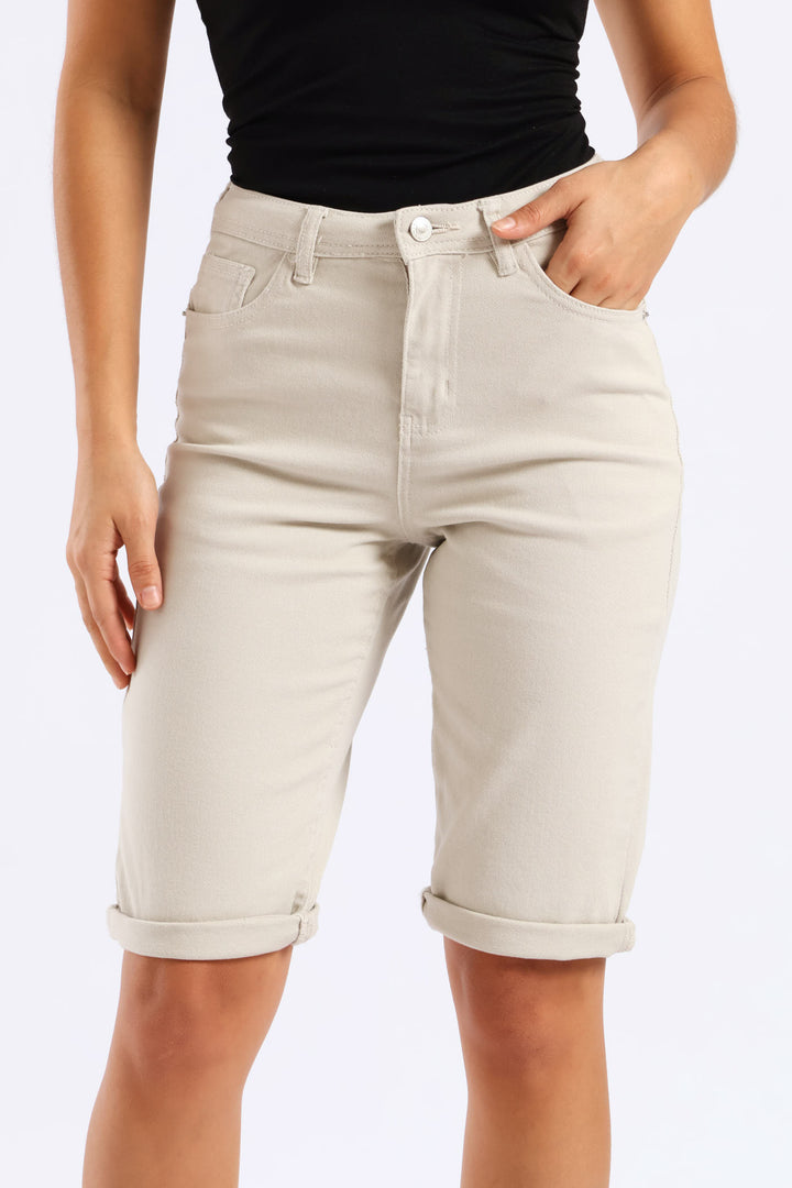 Classic Roll Hem Bermuda Denim Short - Stone