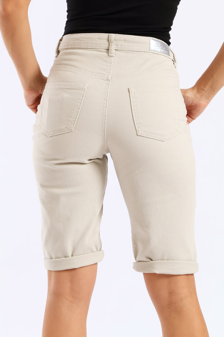 Classic Roll Hem Bermuda Denim Short - Stone