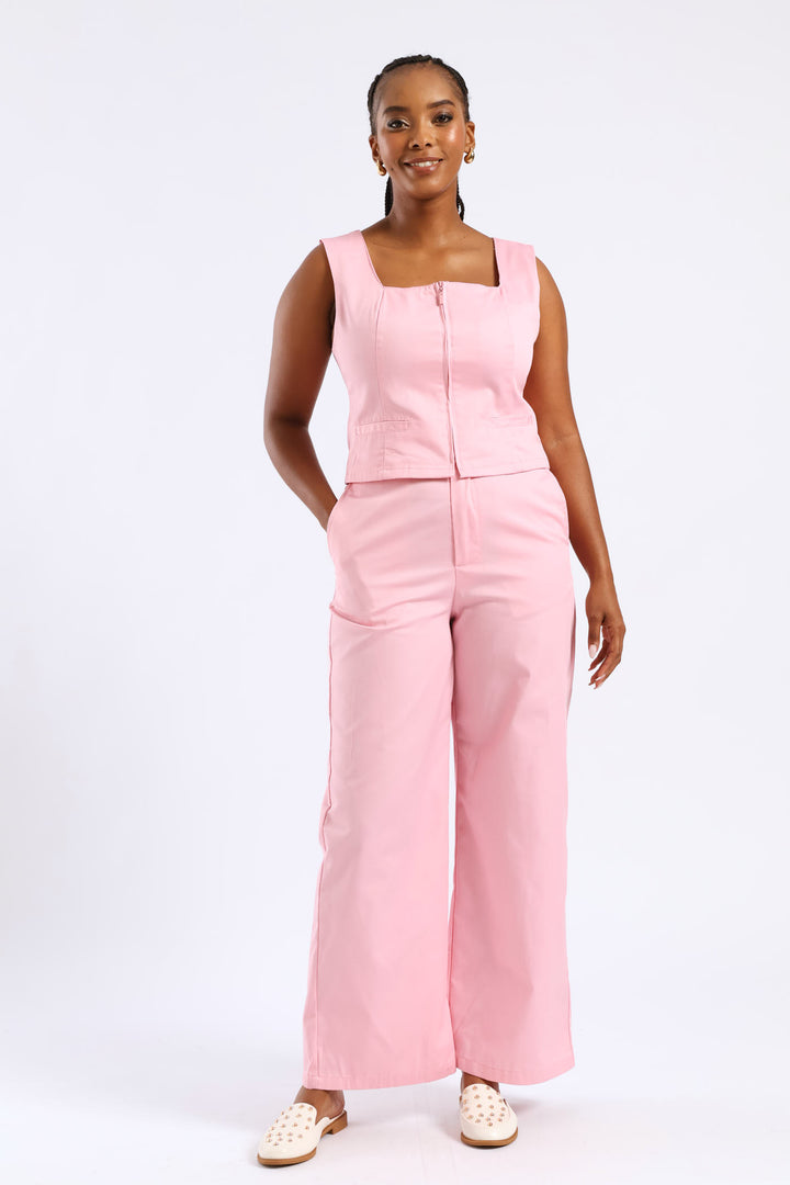 Crease Front Wide Leg Pant - Candy Pink
