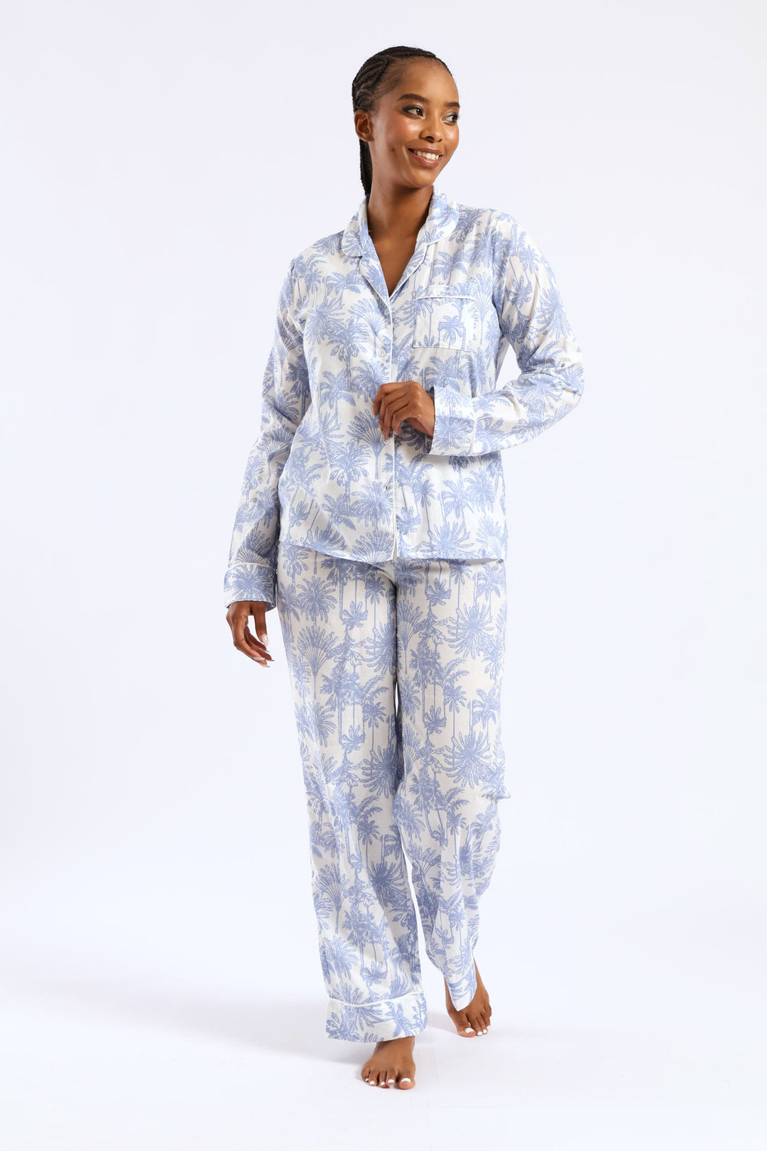Cotton Palms Button Through & Pant Set - White/Blue