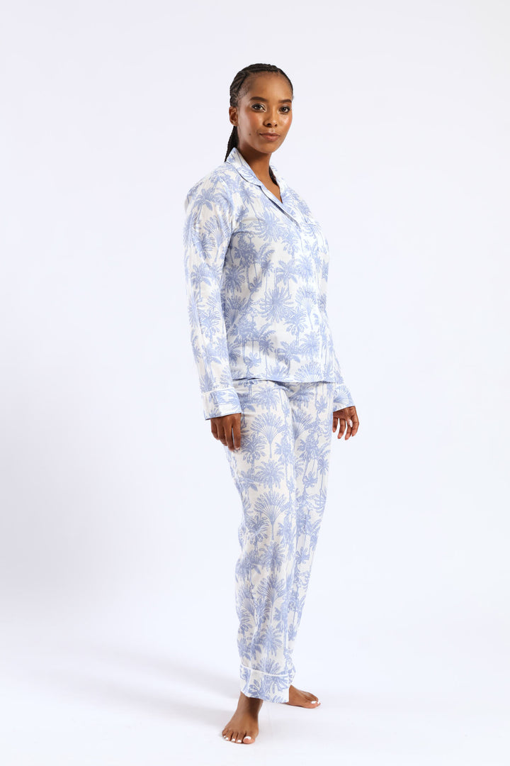Cotton Palms Button Through & Pant Set - White/Blue
