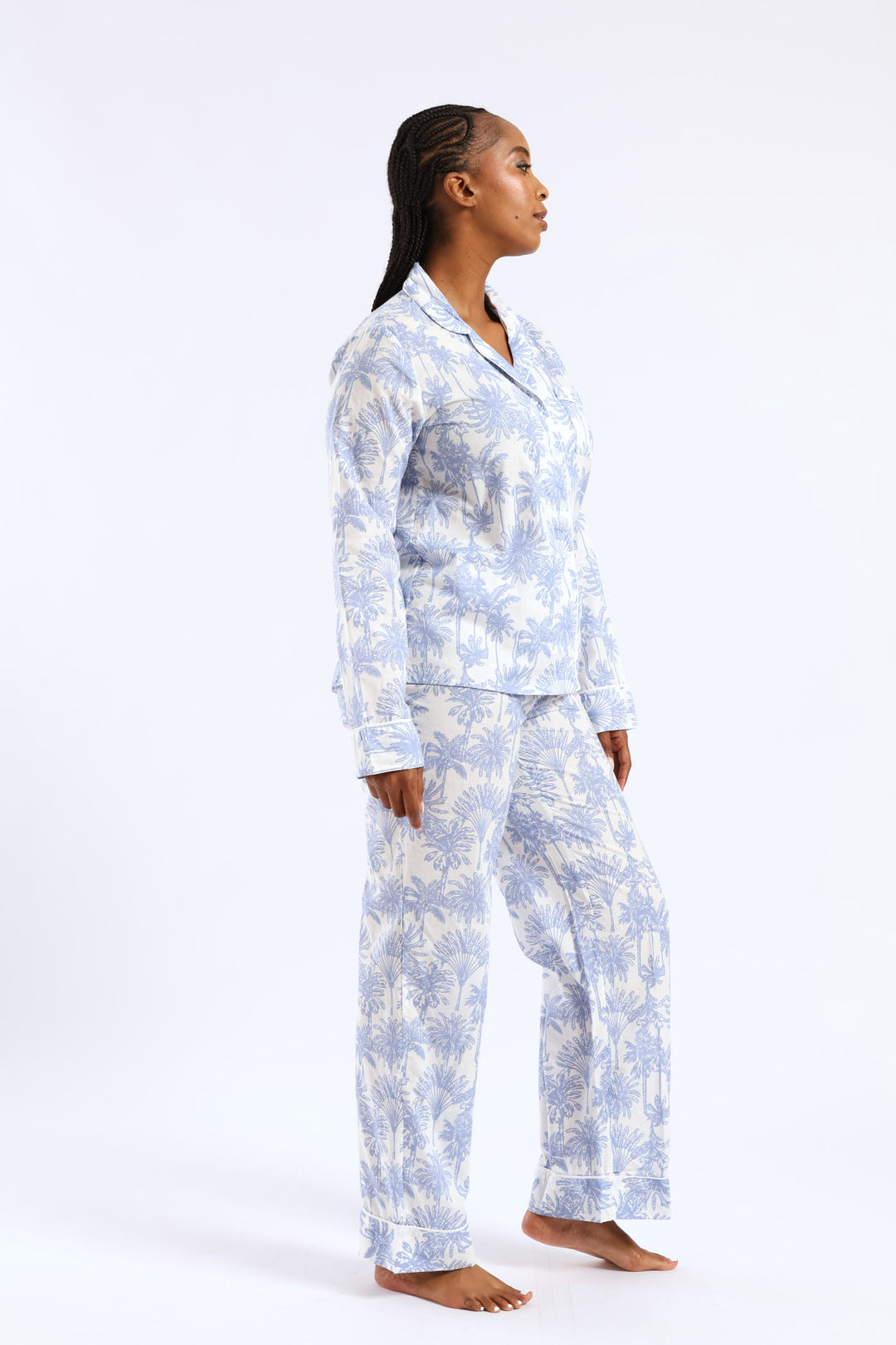 Cotton Palms Button Through & Pant Set - White/Blue