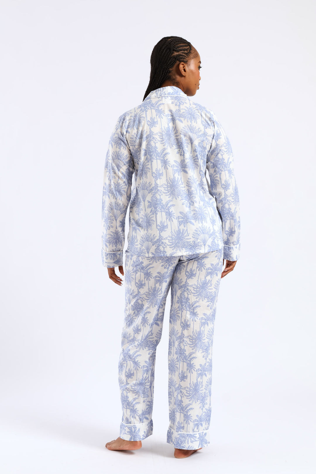 Cotton Palms Button Through & Pant Set - White/Blue