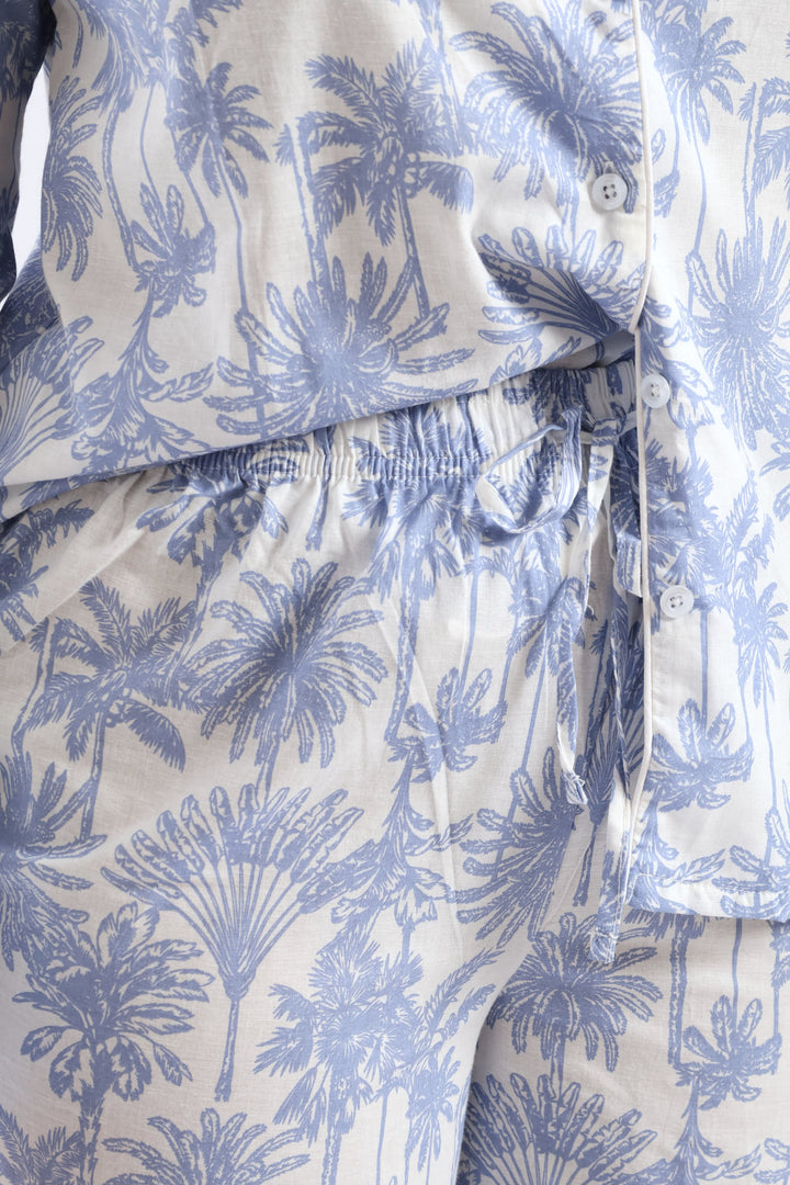 Cotton Palms Button Through & Pant Set - White/Blue
