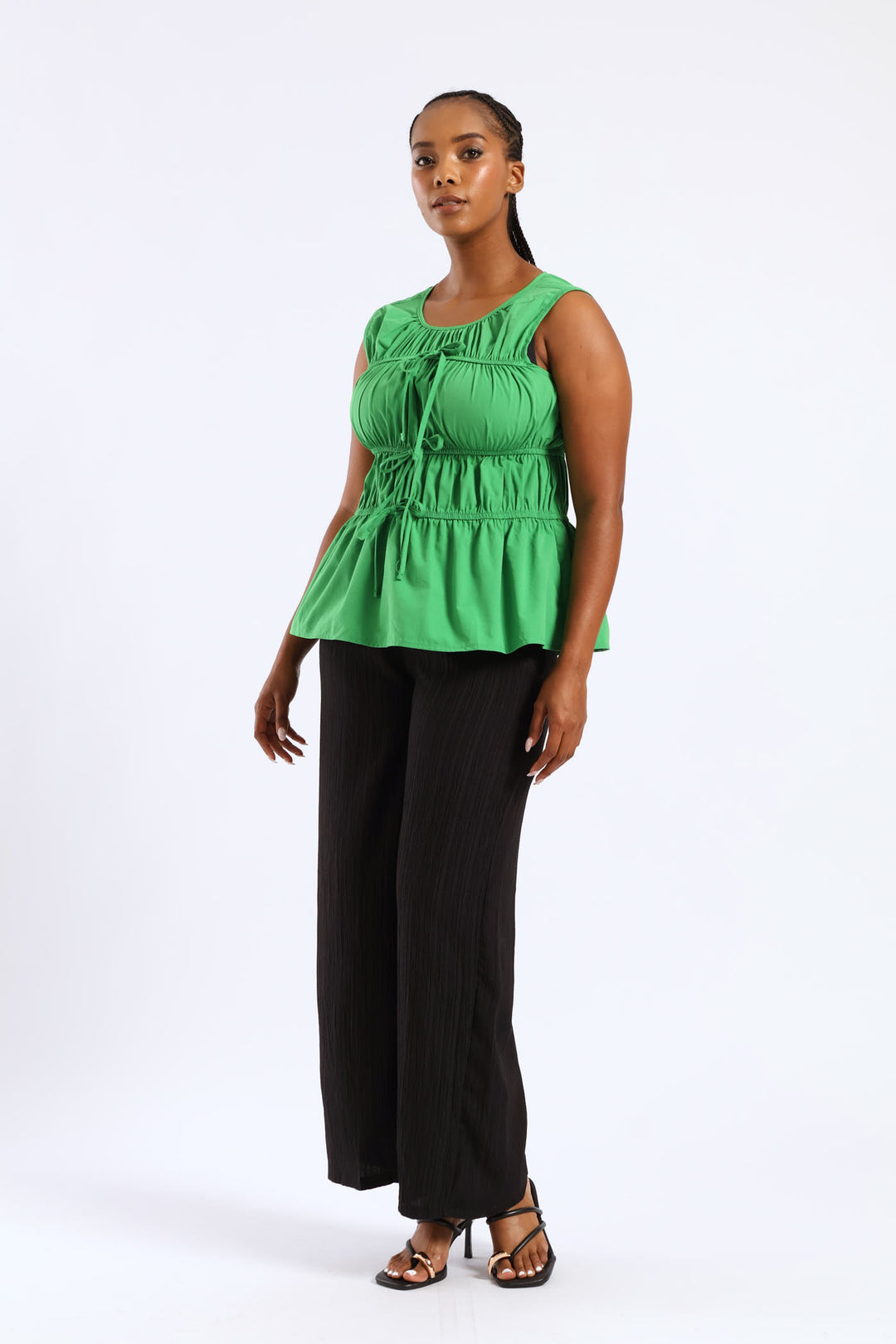 Elasticated Tiered Flare Bow Detail Top - Green