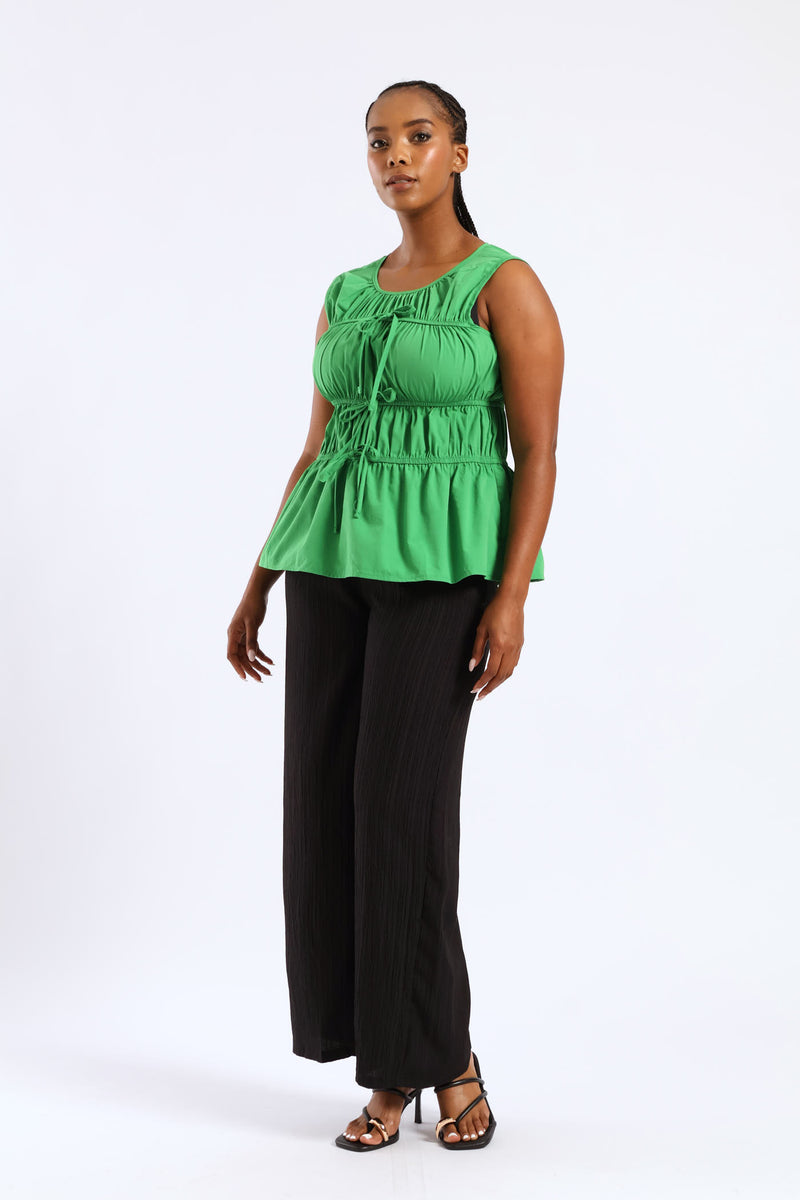 Elasticated Tiered Flare Bow Detail Top - Green