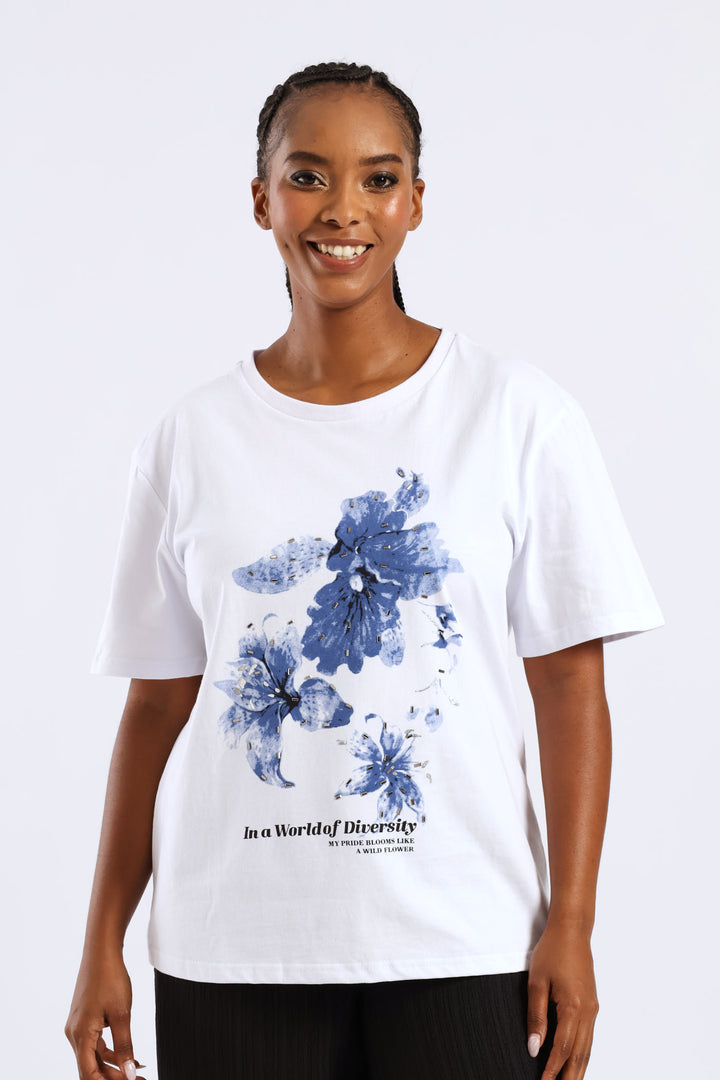 Lilly Diamante Rib Neck Tee - White/Blue