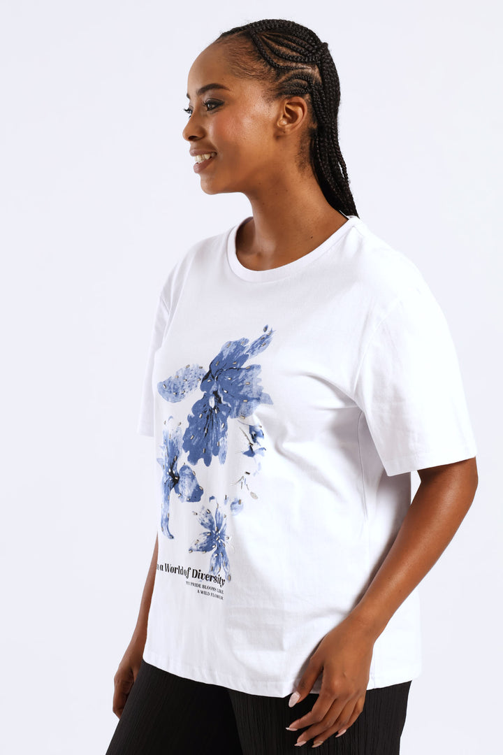 Lilly Diamante Rib Neck Tee - White/Blue