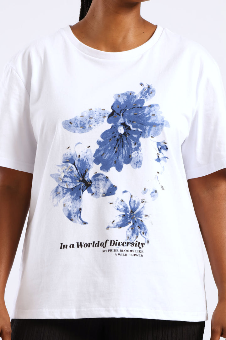 Lilly Diamante Rib Neck Tee - White/Blue