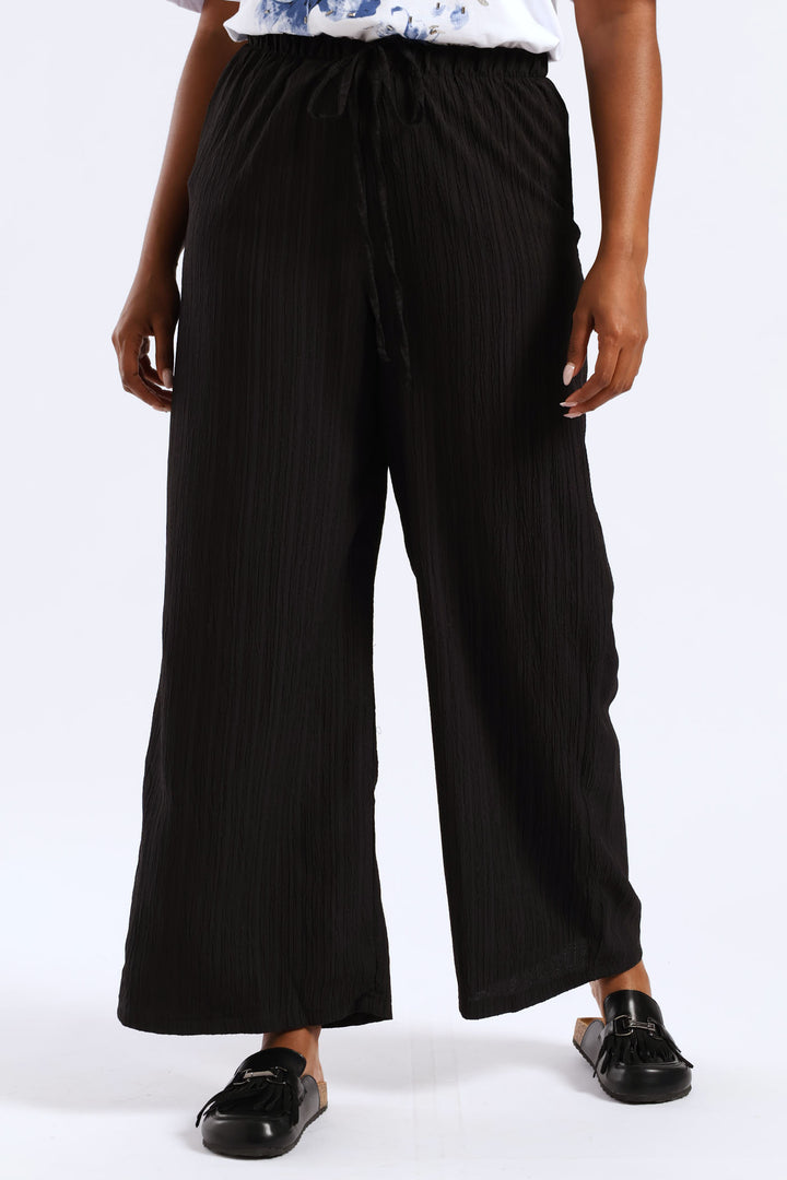 Pull On Drawstring Crinkle Wideleg Pant - Black