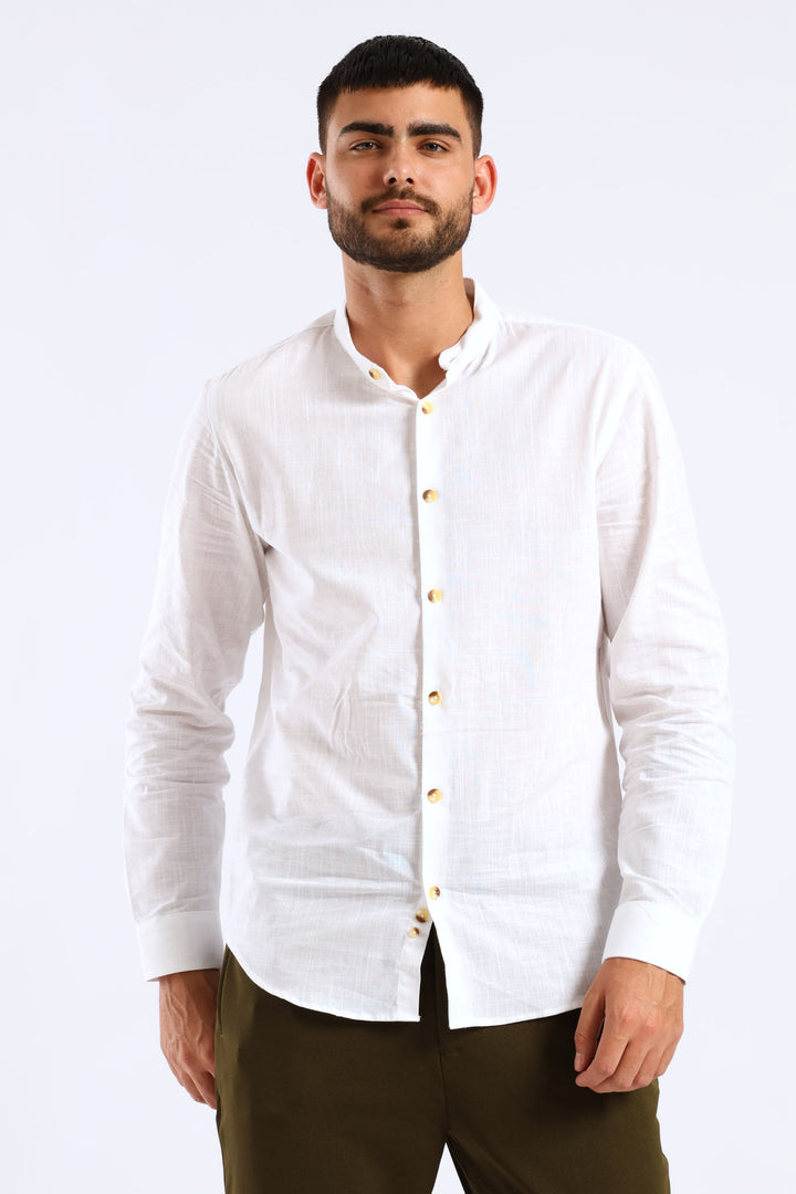 Long Sleeve Slim Linen Look Mandarin Shirt - White