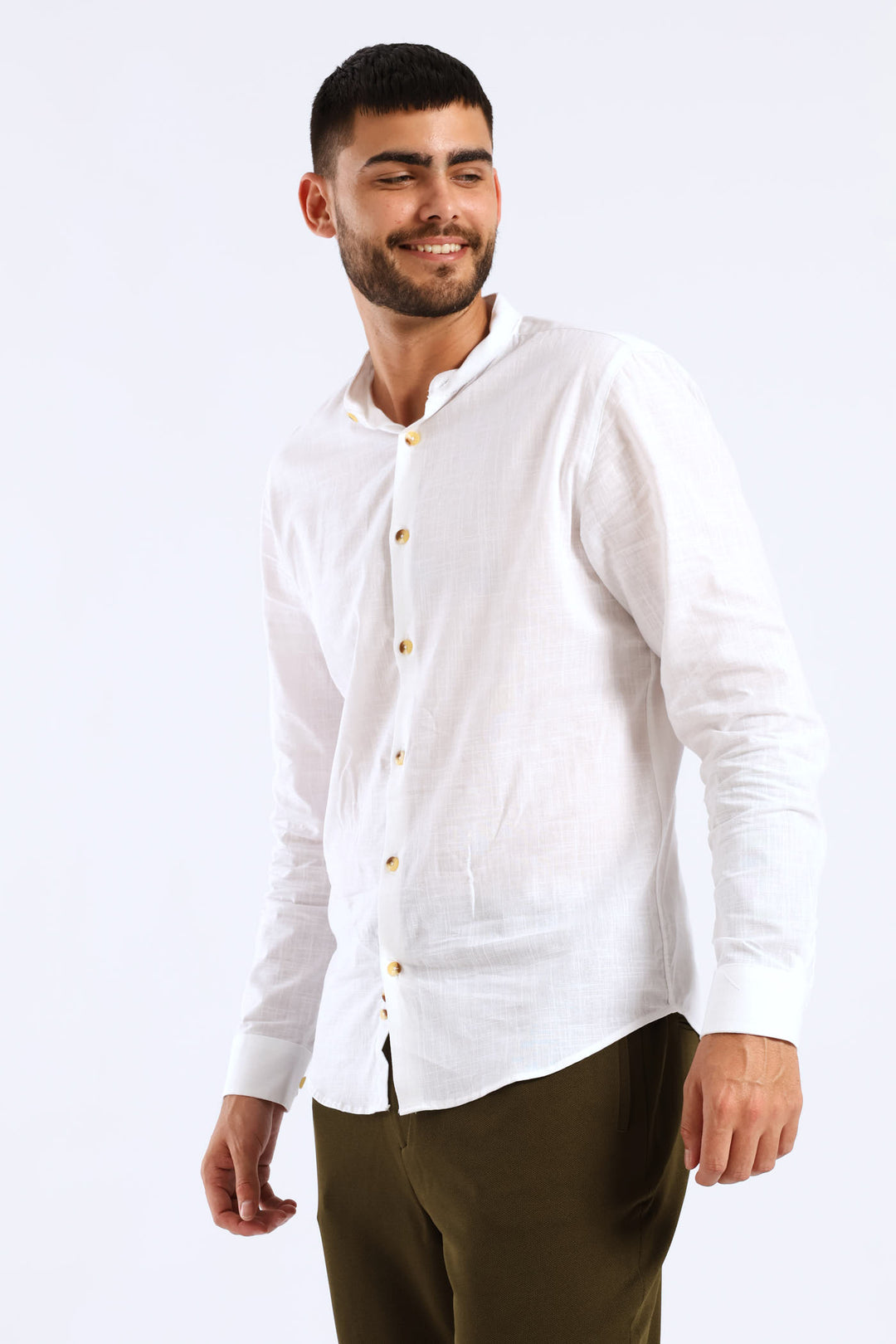 Long Sleeve Slim Linen Look Mandarin Shirt - White