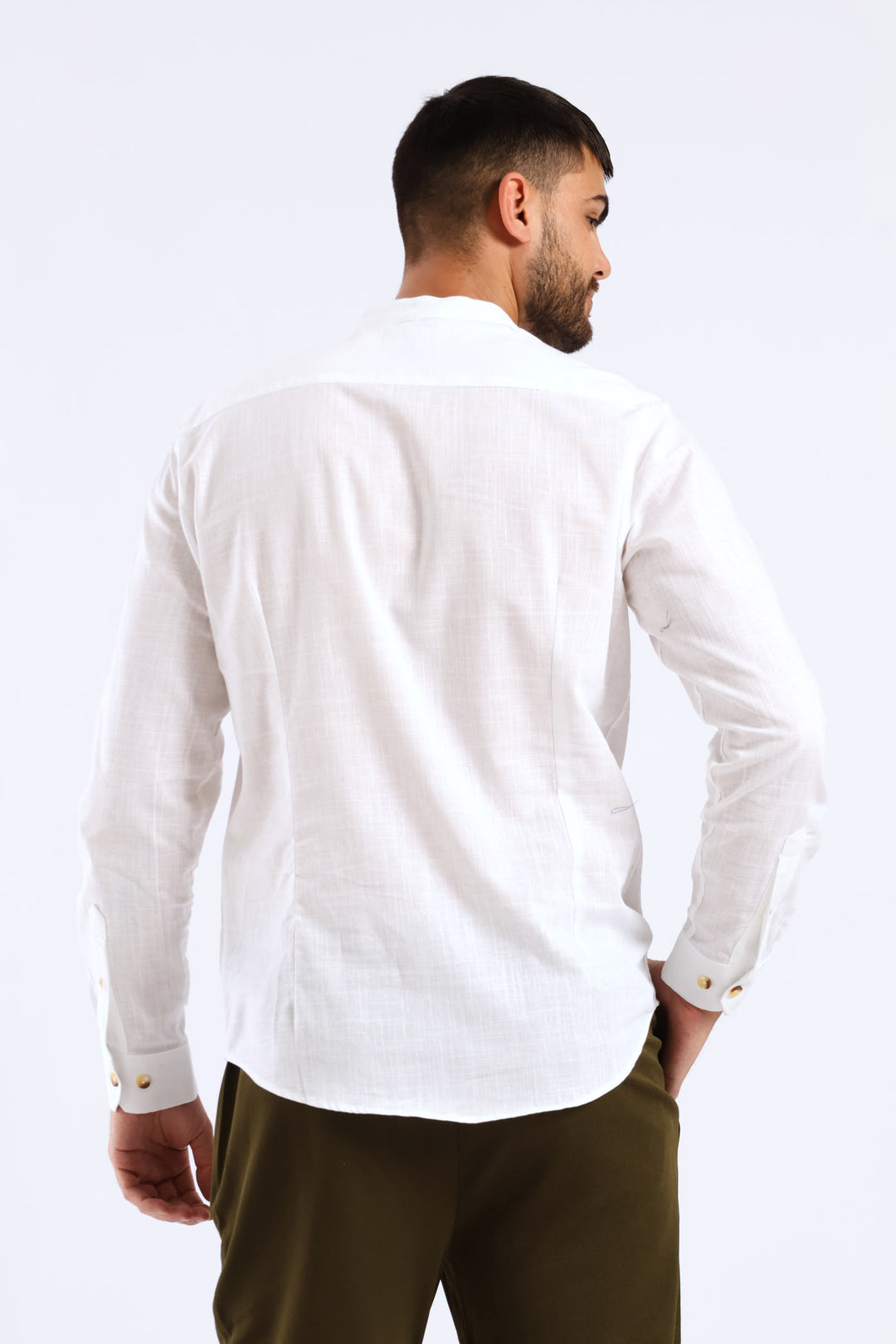 Long Sleeve Slim Linen Look Mandarin Shirt - White
