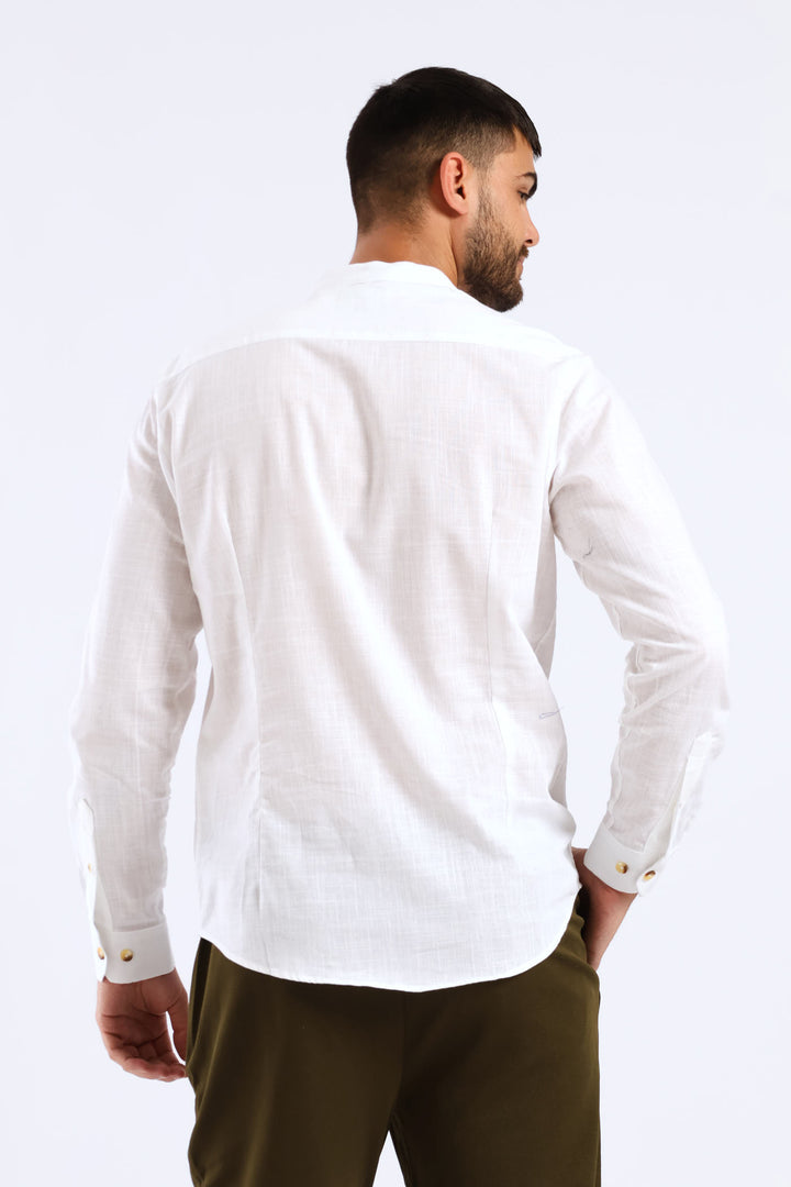 Long Sleeve Slim Linen Look Mandarin Shirt - White