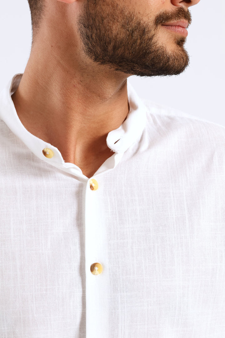 Long Sleeve Slim Linen Look Mandarin Shirt - White