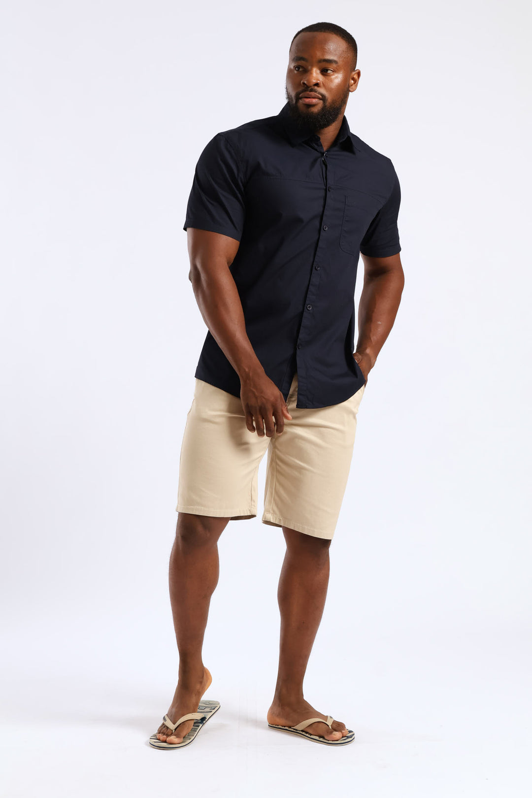 Short Sleeve Panel Poplin Shirt - Navy