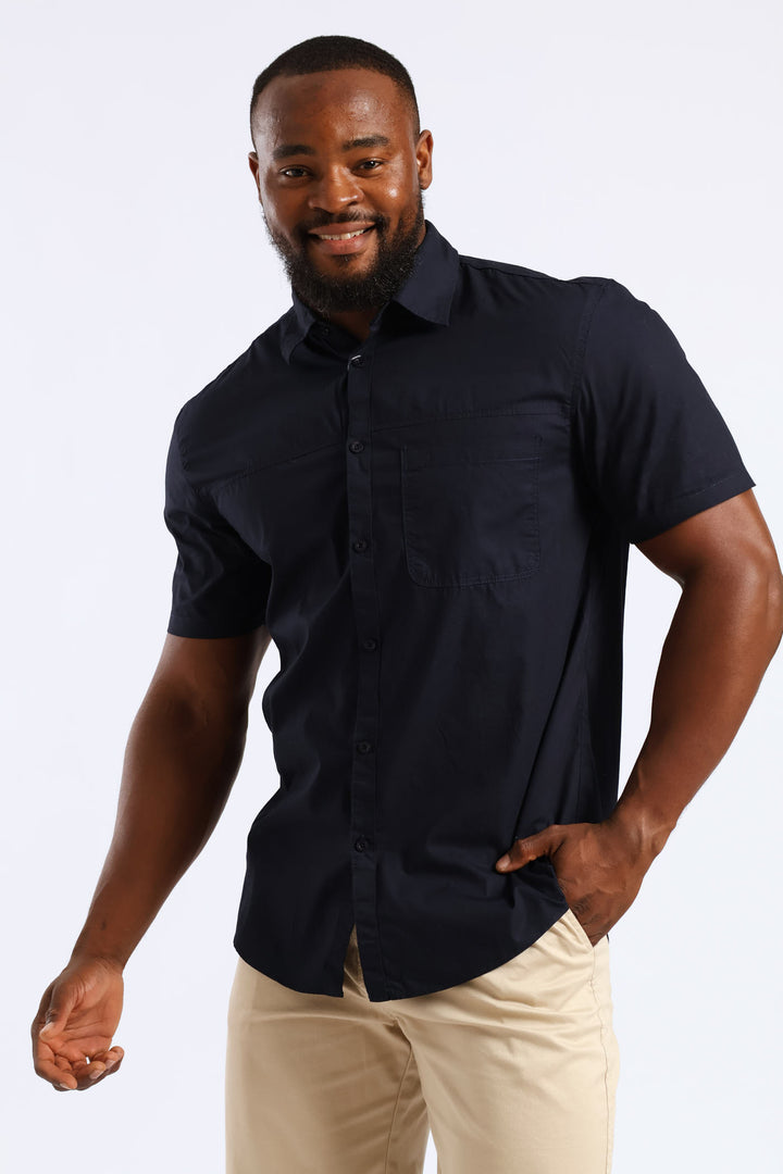 Short Sleeve Panel Poplin Shirt - Navy