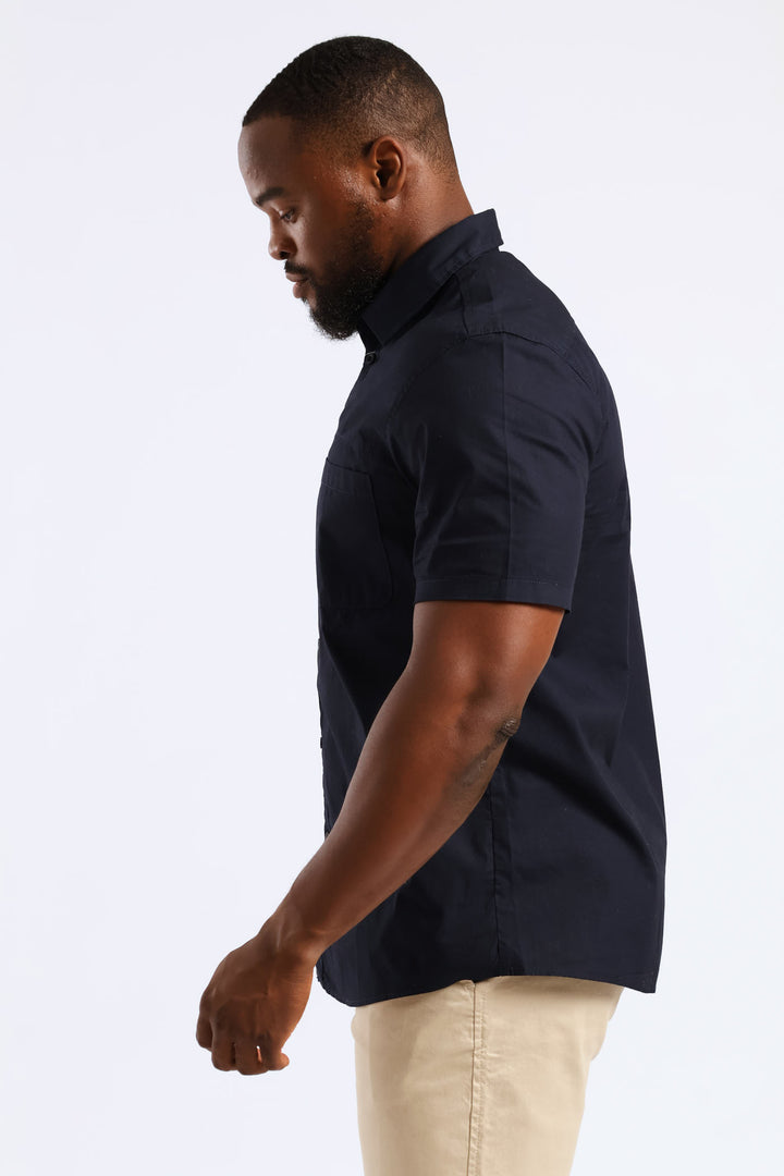 Short Sleeve Panel Poplin Shirt - Navy