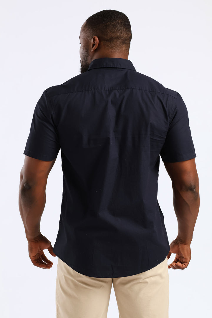 Short Sleeve Panel Poplin Shirt - Navy