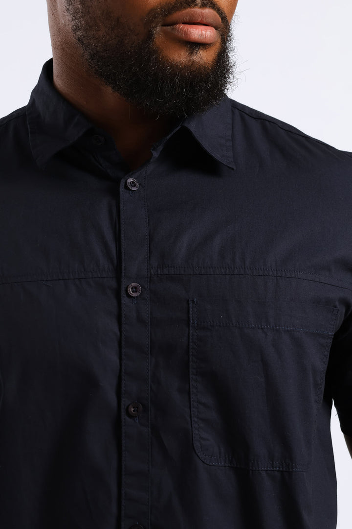 Short Sleeve Panel Poplin Shirt - Navy