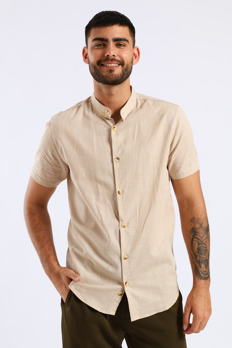 Short Sleeve Slim Linen Look Mandarin Shirt - Stone