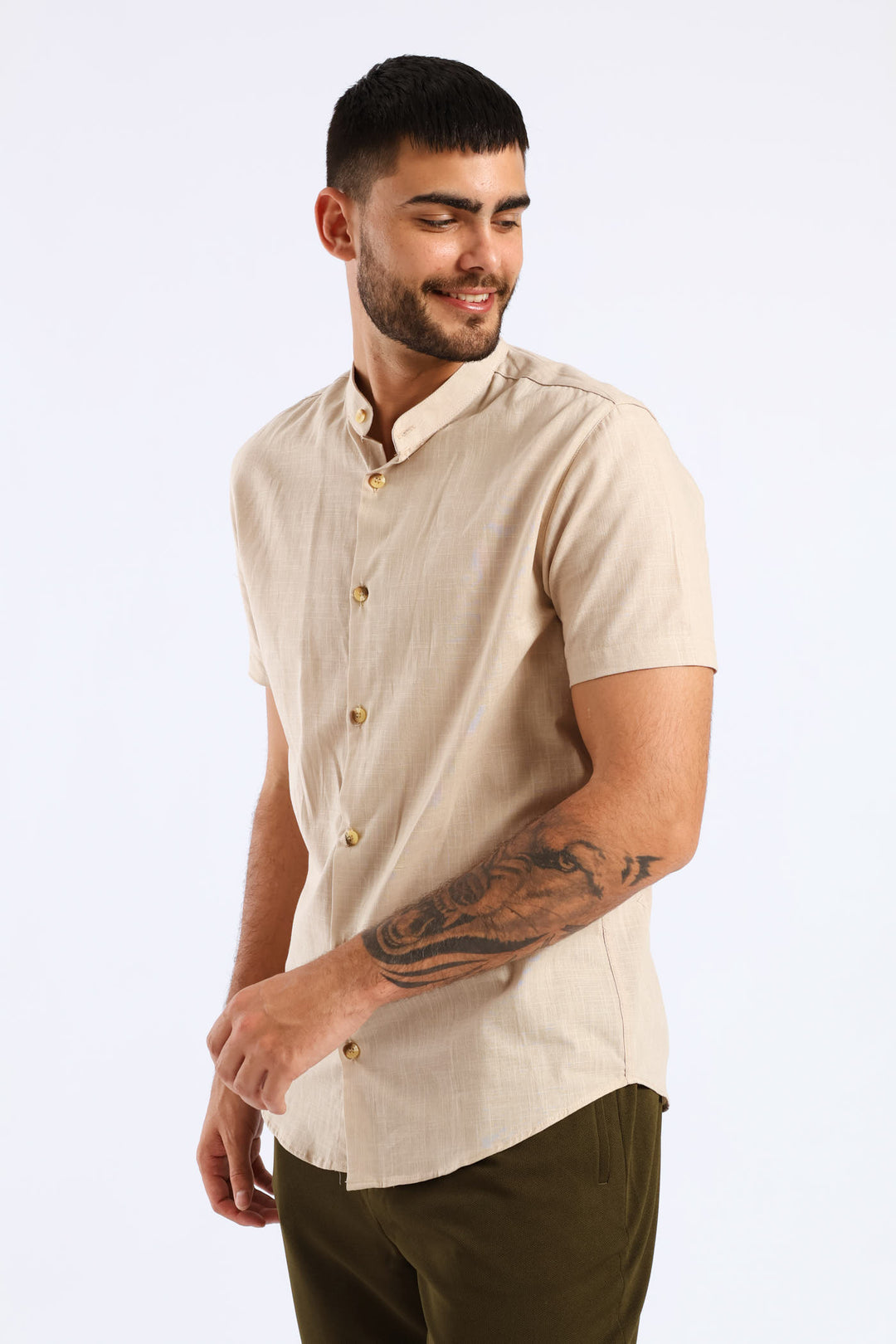 Short Sleeve Slim Linen Look Mandarin Shirt - Stone