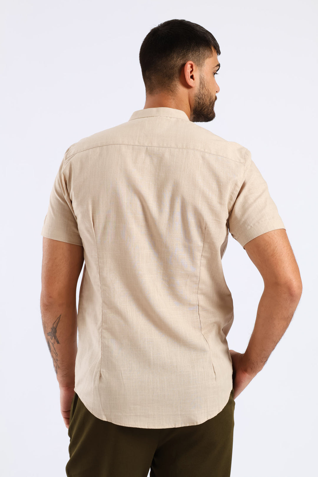 Short Sleeve Slim Linen Look Mandarin Shirt - Stone