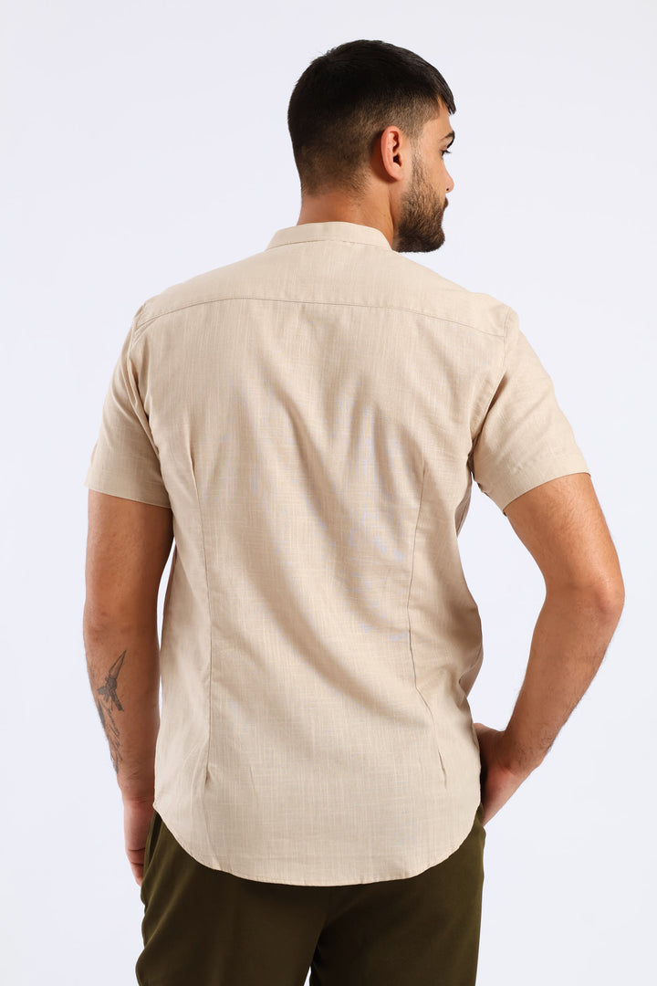 Short Sleeve Slim Linen Look Mandarin Shirt - Stone