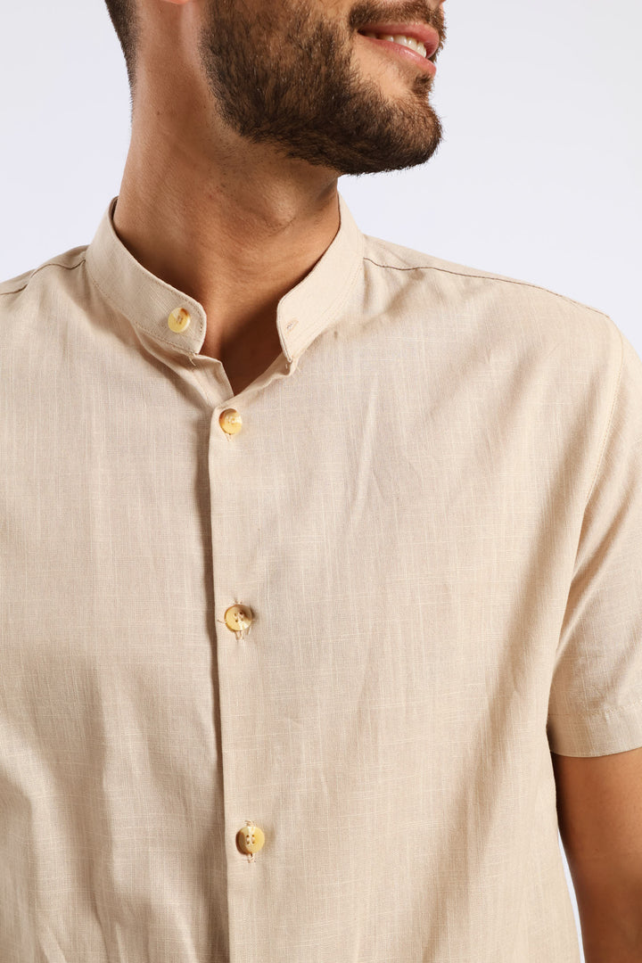 Short Sleeve Slim Linen Look Mandarin Shirt - Stone
