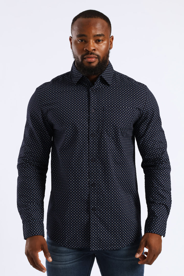 Long Sleeve Cube Print Button Down Shirt - Navy