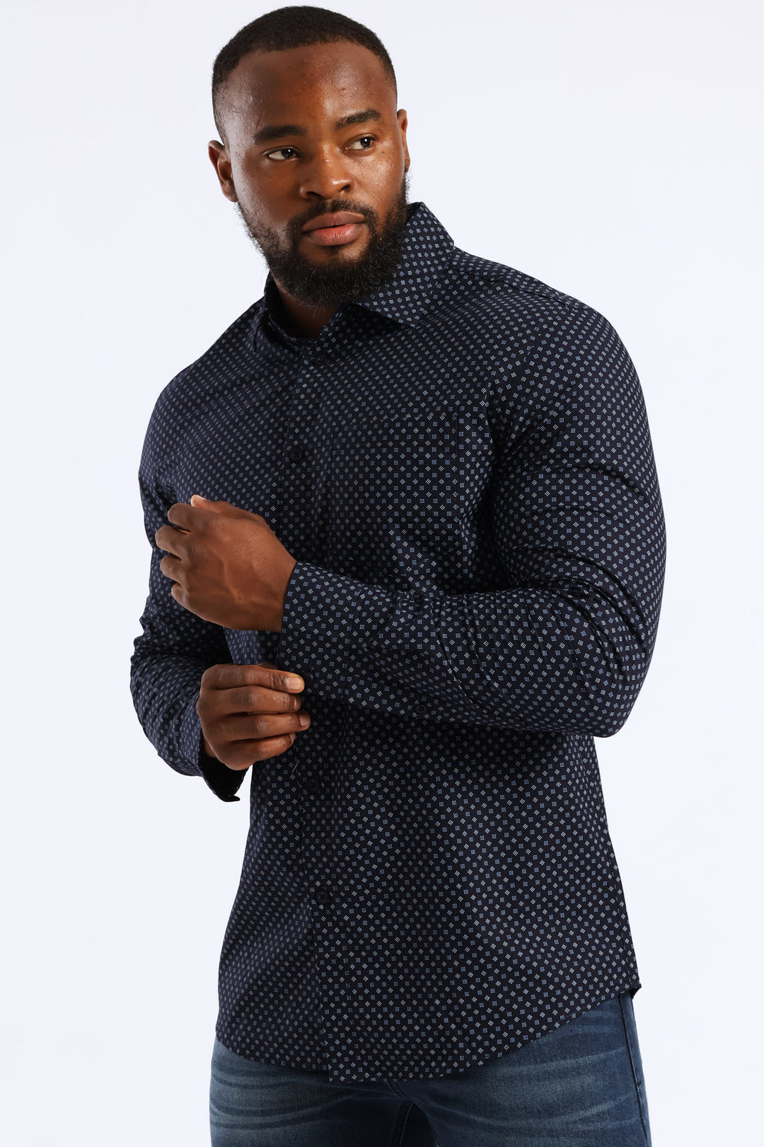 Long Sleeve Cube Print Button Down Shirt - Navy