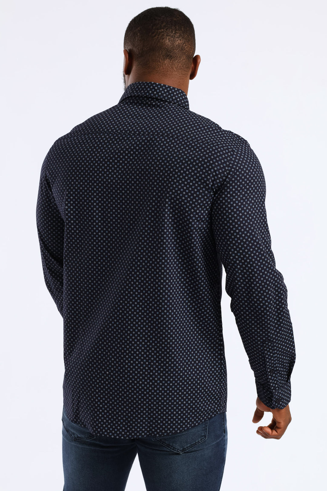 Long Sleeve Cube Print Button Down Shirt - Navy