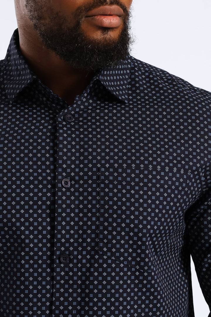 Long Sleeve Cube Print Button Down Shirt - Navy