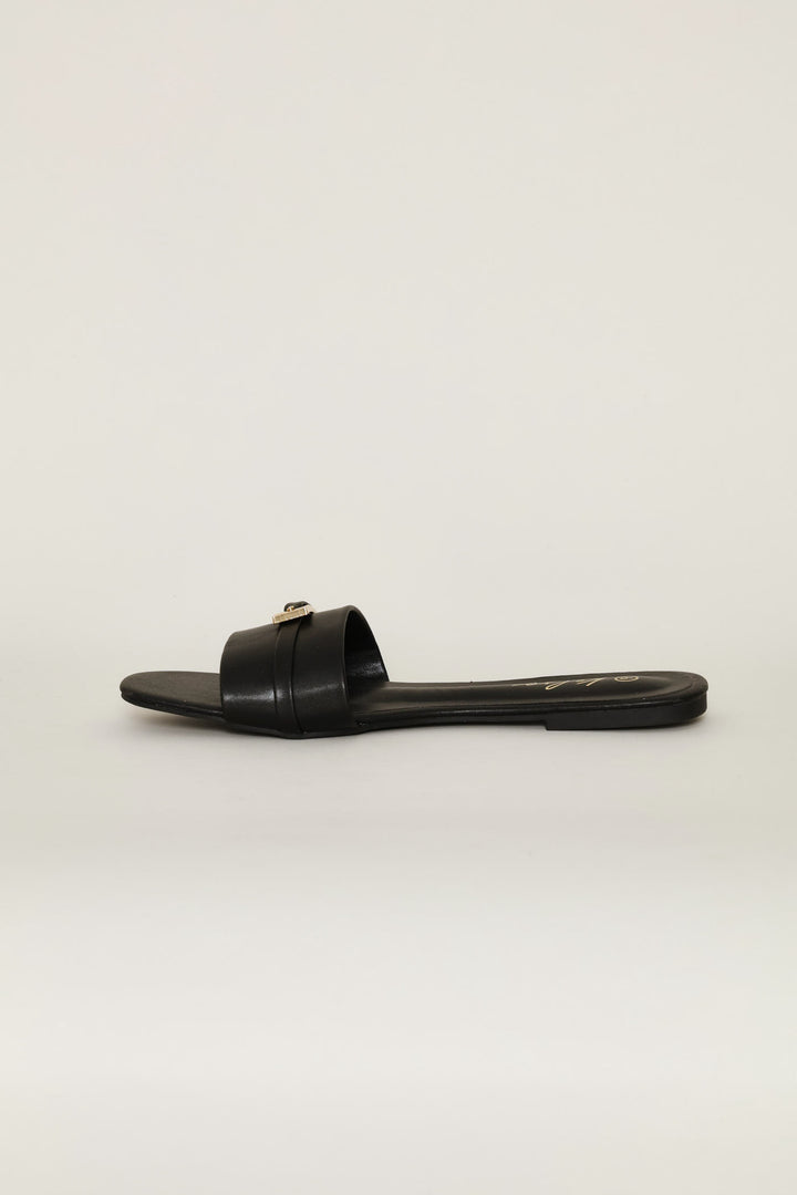 Long Buckle Trim Mule Sandal - Black