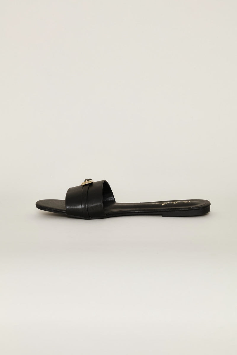 Long Buckle Trim Mule Sandal - Black