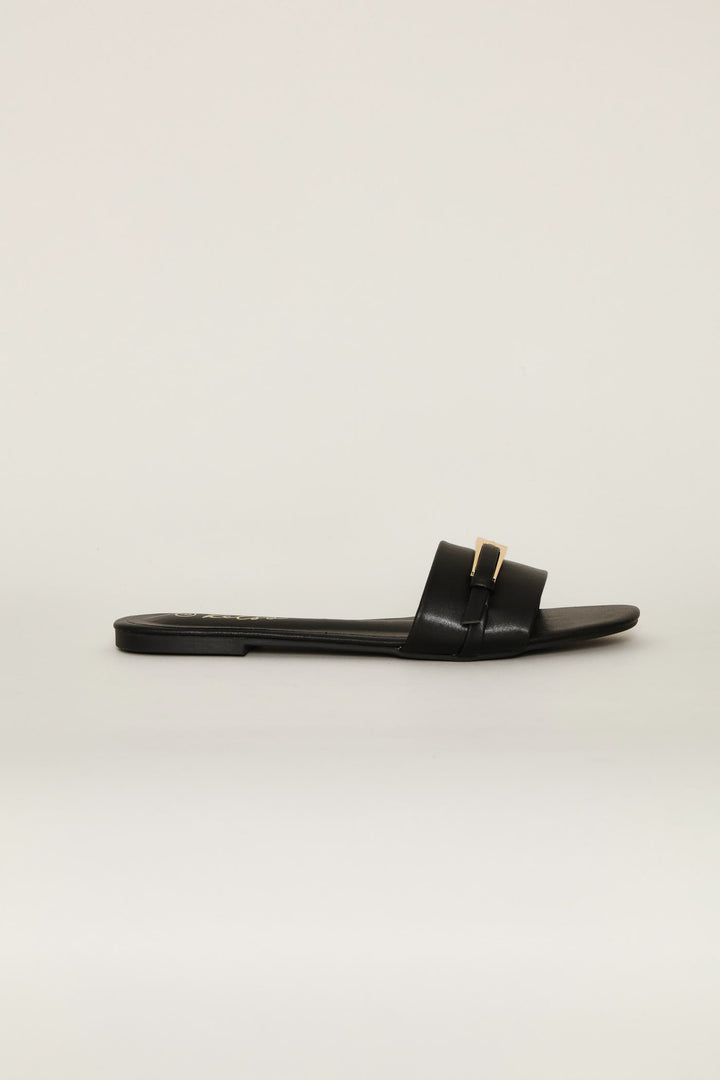 Long Buckle Trim Mule Sandal - Black