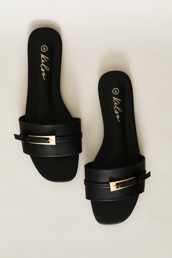 Long Buckle Trim Mule Sandal - Black