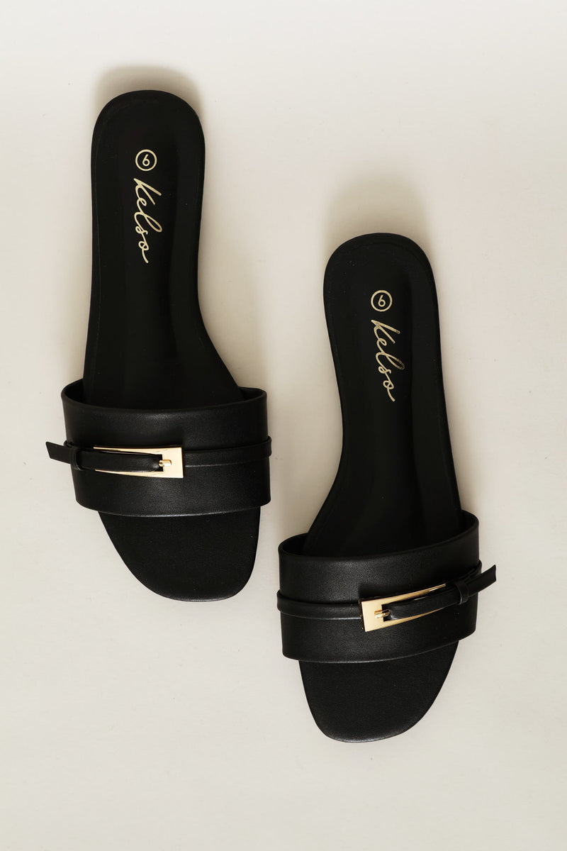 Long Buckle Trim Mule Sandal - Black