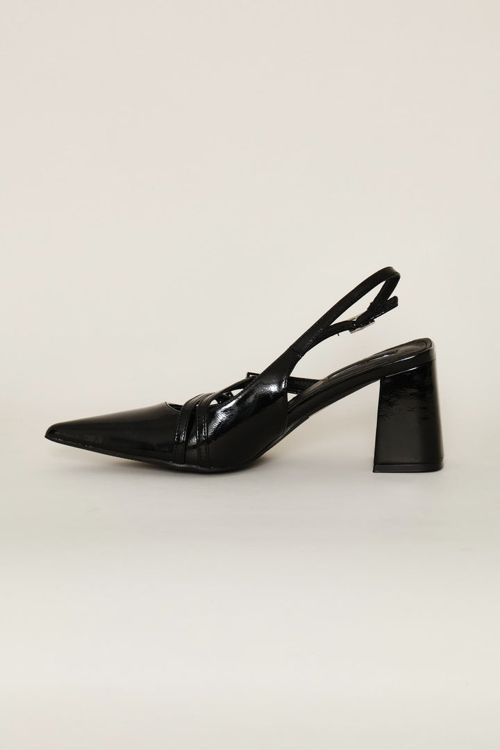 Double Buckle Strap Block Slingback Heel - Black