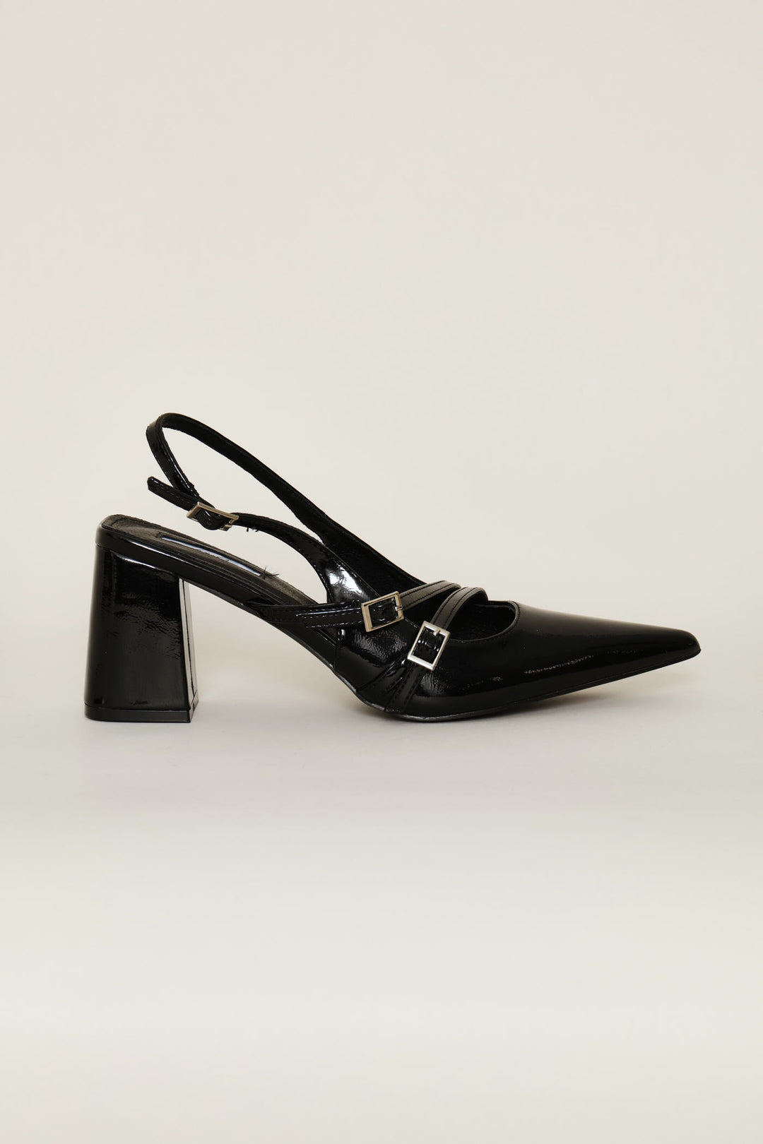 Double Buckle Strap Block Slingback Heel - Black