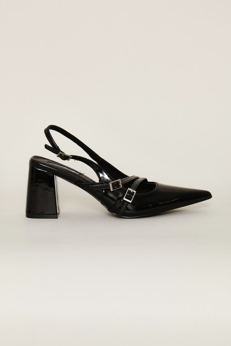Double Buckle Strap Block Slingback Heel - Black