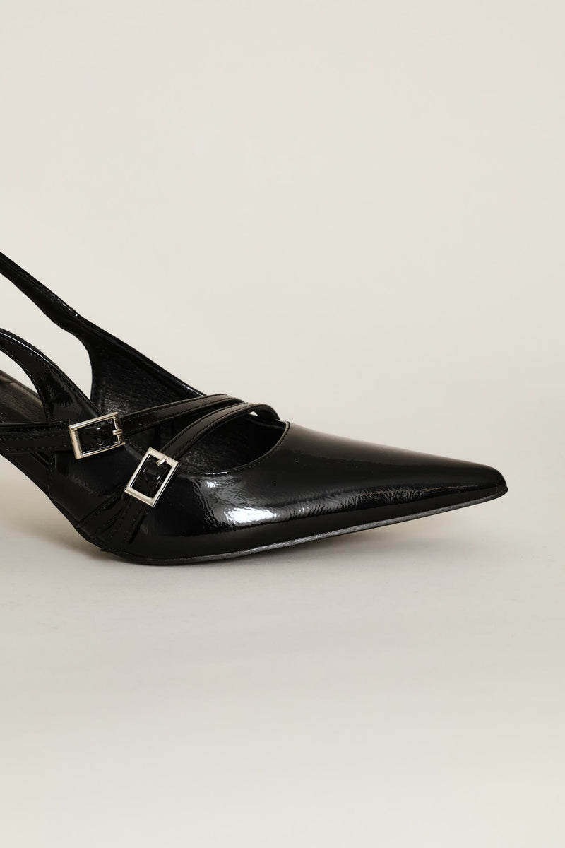Double Buckle Strap Block Slingback Heel - Black