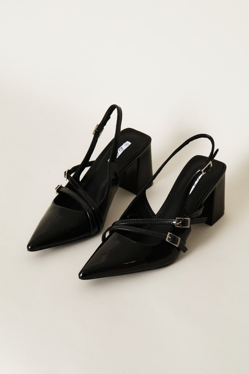 Double Buckle Strap Block Slingback Heel - Black