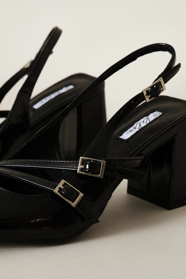 Double Buckle Strap Block Slingback Heel - Black